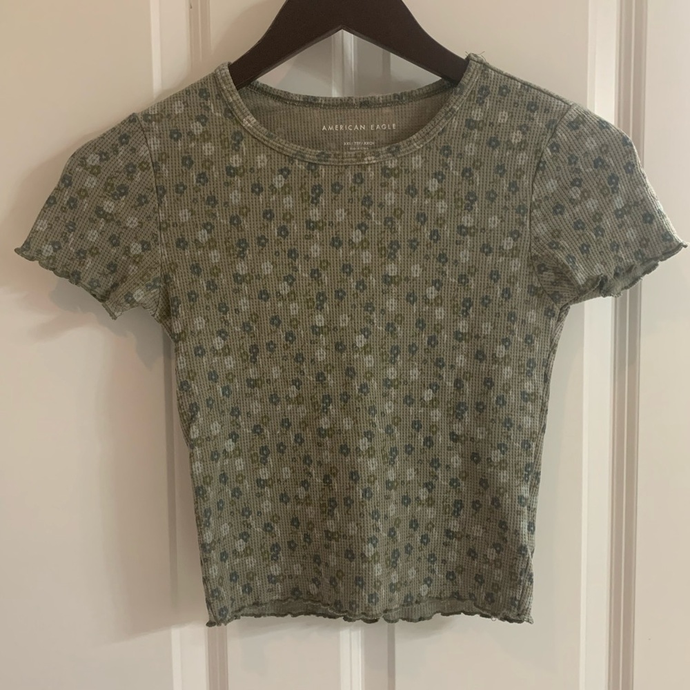 American Eagle Floral Waffle Baby Tee in Olive - Picture 3 of 6